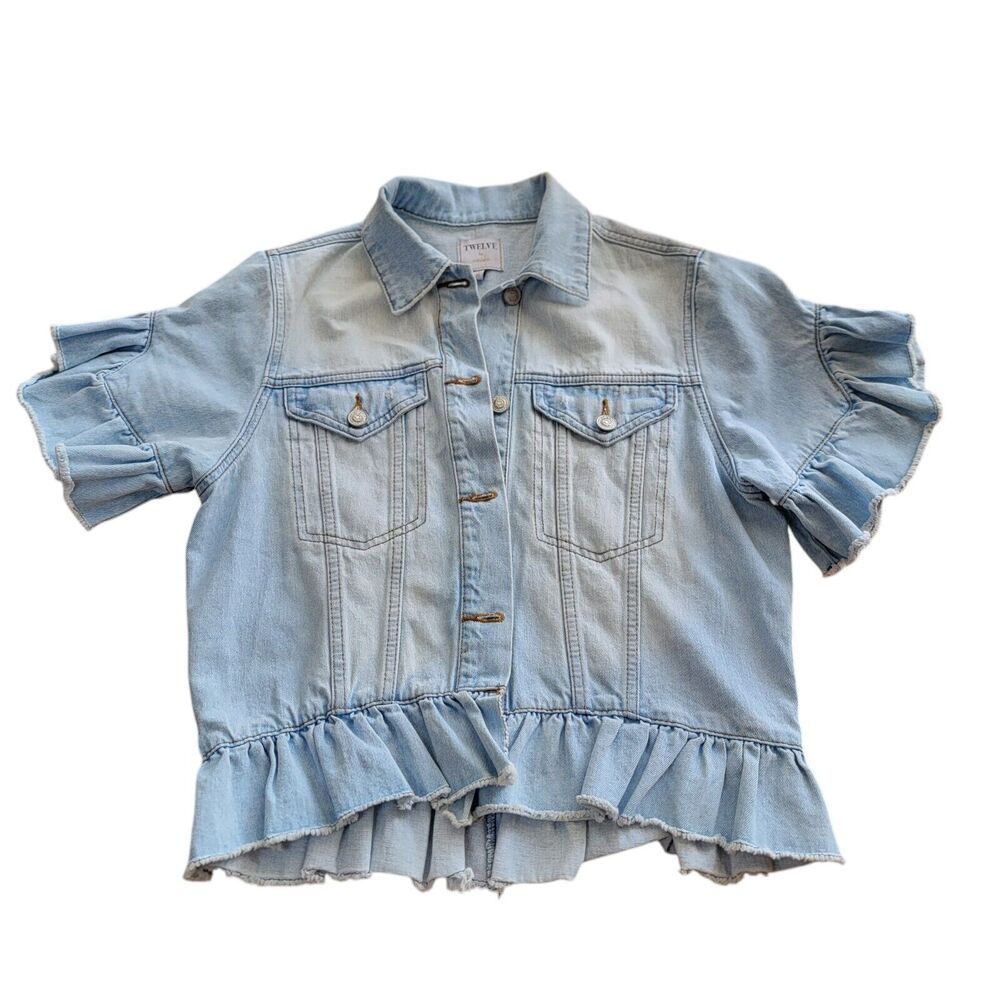 Twelve By Ontwelfth Short Ruffle Sleeve Denim Jacket Sz Medium